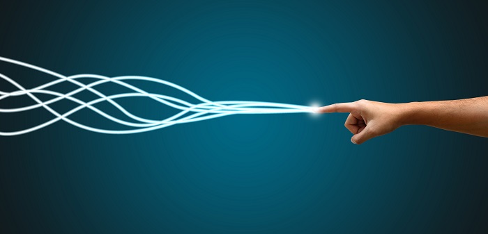 Young man hand pointing with fiber optic light trail connection.  fiber internet how it works