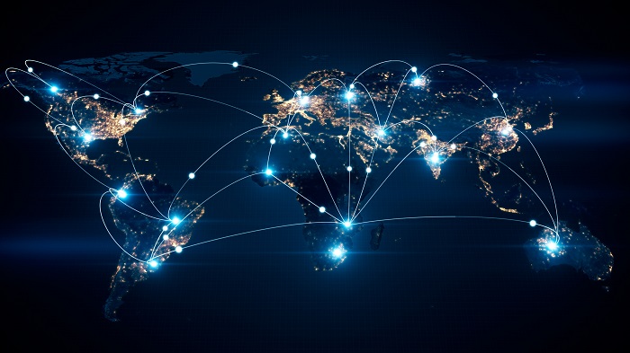picture is a symbolic scheme of global internet connections that determines the path of communication to any point on the planet.